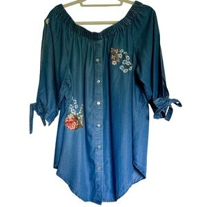 HeartSoul Embroidered Chambray Top‎ Plus Size 1X Boho